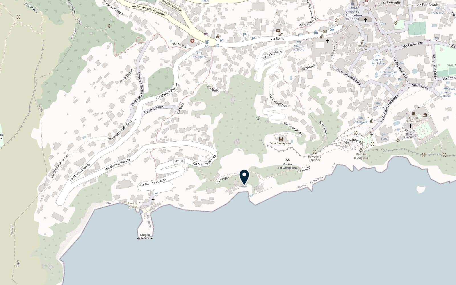 Map showing the position of Torre Saracena on Via Krupp in Capri, between the Giardini di Augusto and Marina Piccola